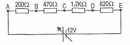 a) Determine a resistência equivalente entre o ponto A e B.b) Calcule as Tensões Elétricas entre os pontos: A-B, B-C, C-D e D-E.