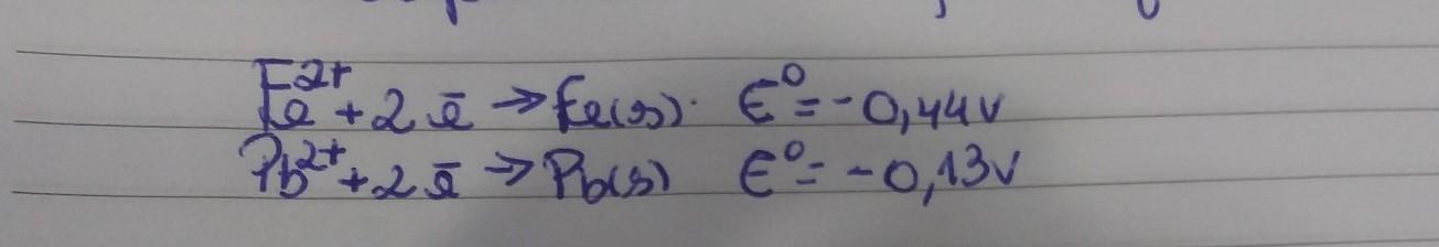 1) Dados os potenciais de redução do ferro e do chumbo:(imagem)a) Equacione a semirreação de oxidaçãob) equacione a