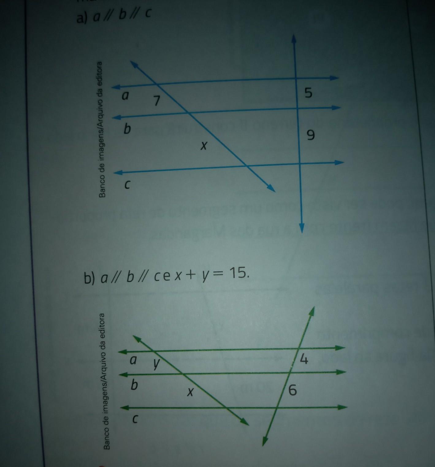 41 Use o teorema de Tales e determine no caderno o valor de x em cada figura, considerando as medi- das de comprimento em cada uma dadas na mes- ma unid