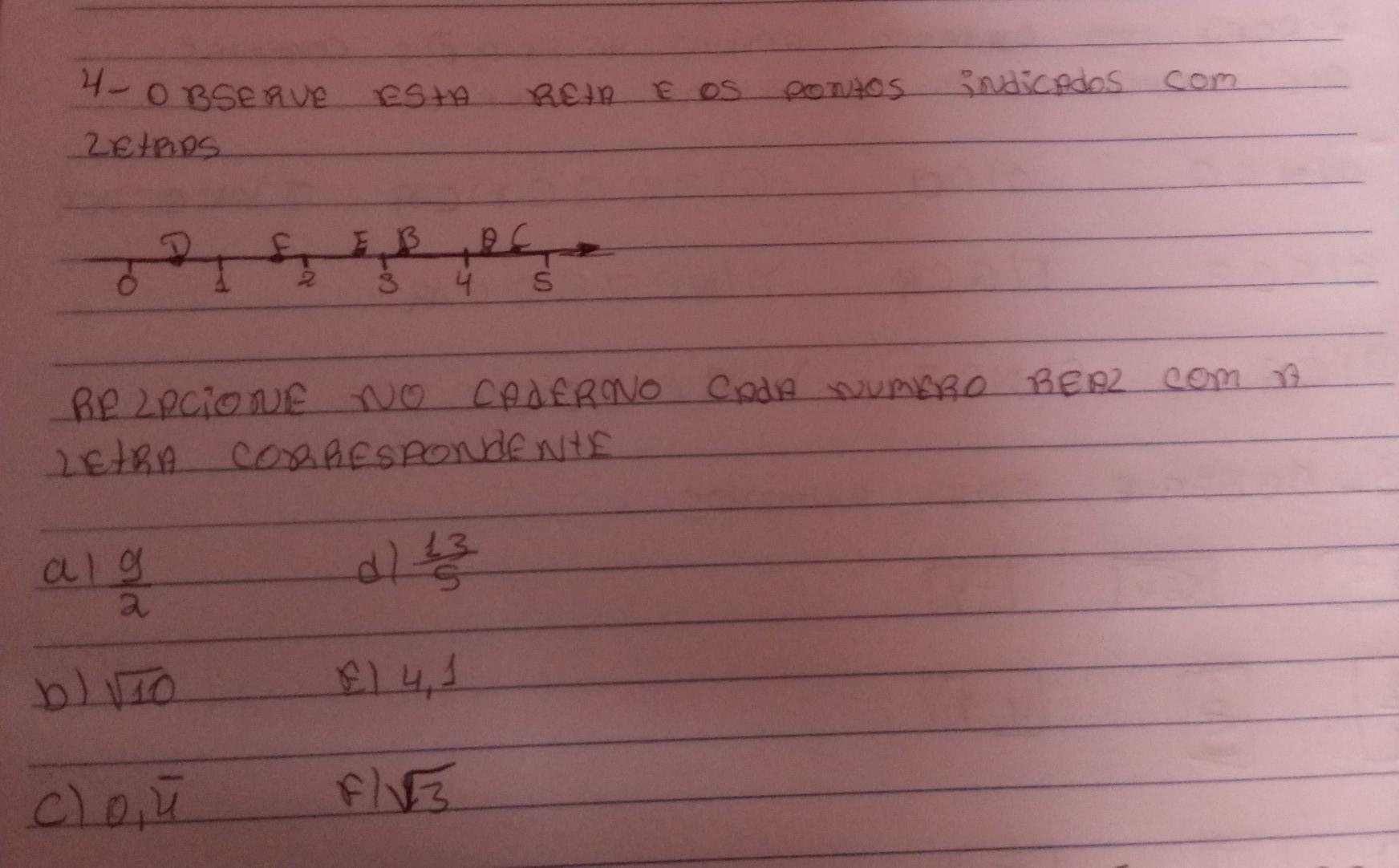 4 > Observe esta reta real e os ponto indicados com letra