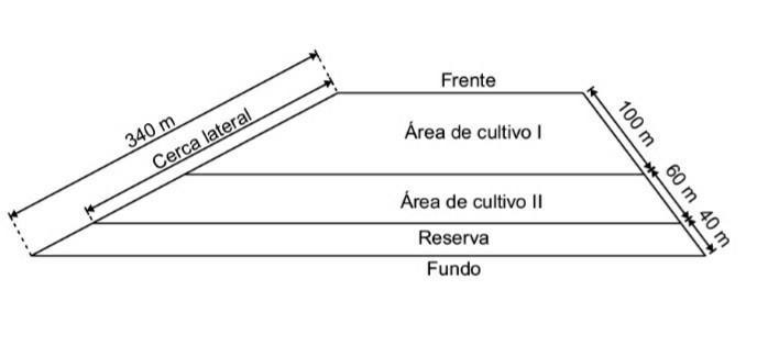 No terreno de Laís, as cercas da frente, do fundo e as cercas que dividem a área de reserva florestal e as áreas de cultivo I e II são todas retas e