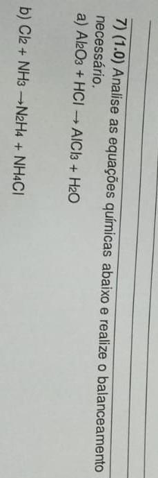 7) (1.0) Analise as equações químicas abaixo e realize o