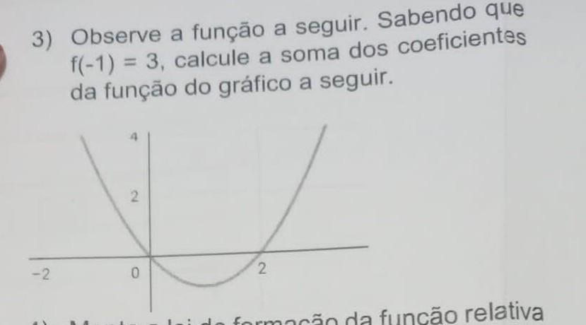 Observe a função a seguir. Sabendo que f(-1)=3 calcule a s