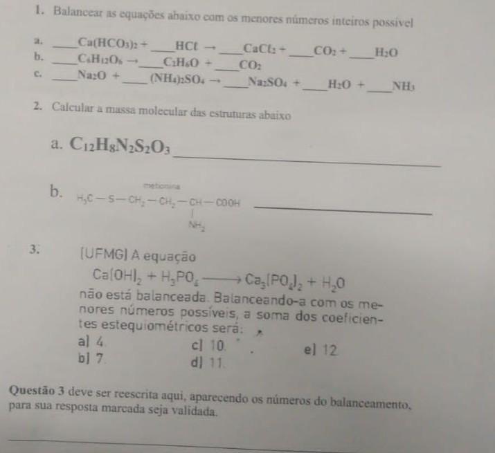 balancear equacoes e massa molecular quimica​