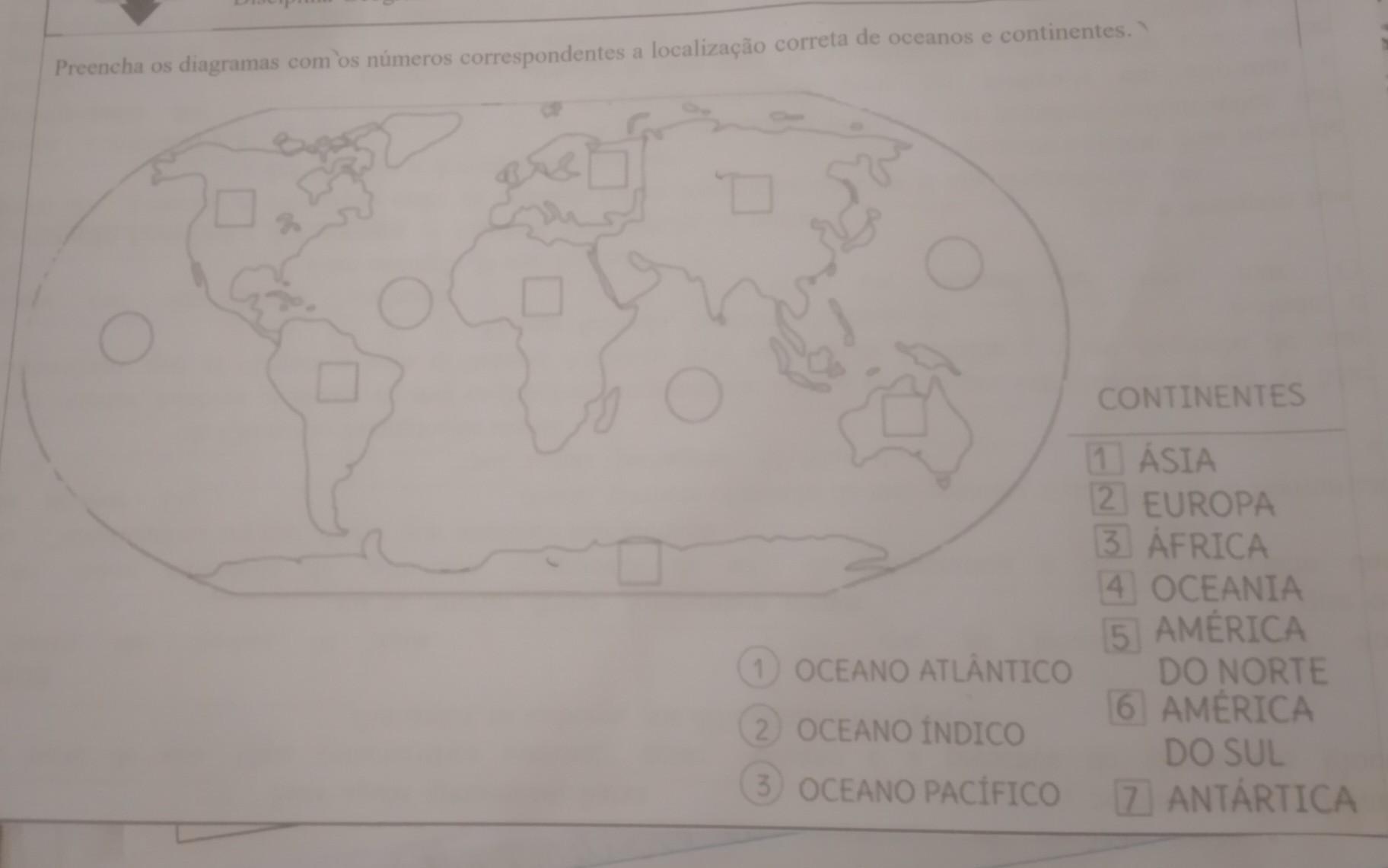 preencha o diagrama com os números correspondem a localização correta de oceanos e continentes​