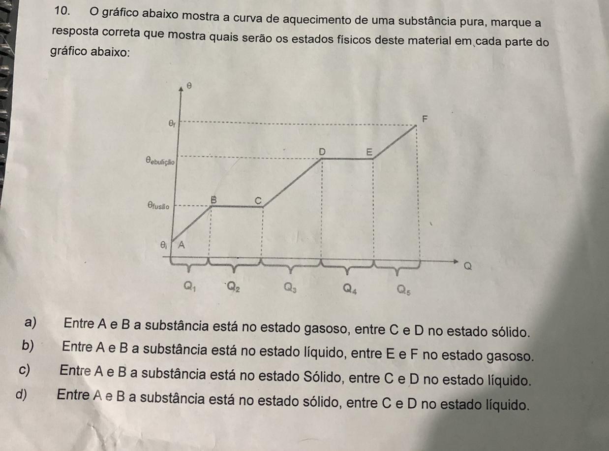 O gráfico abaixo mostra a curva de aquecimento de uma substância pura, marque aresposta correta que mostra quais serão os estados físicos des