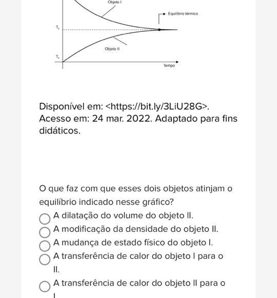 O gráfico abaixo descreve a modificação da temperatura, com o passar do tempo, de dois objetos em contato, que constituem um sistema isolado.