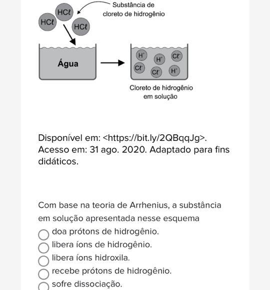 Observe, no esquema abaixo, o comportamento de uma substância de caráter ácido quando adicionada em água, segundo a teoria do químico Svante Arrhen